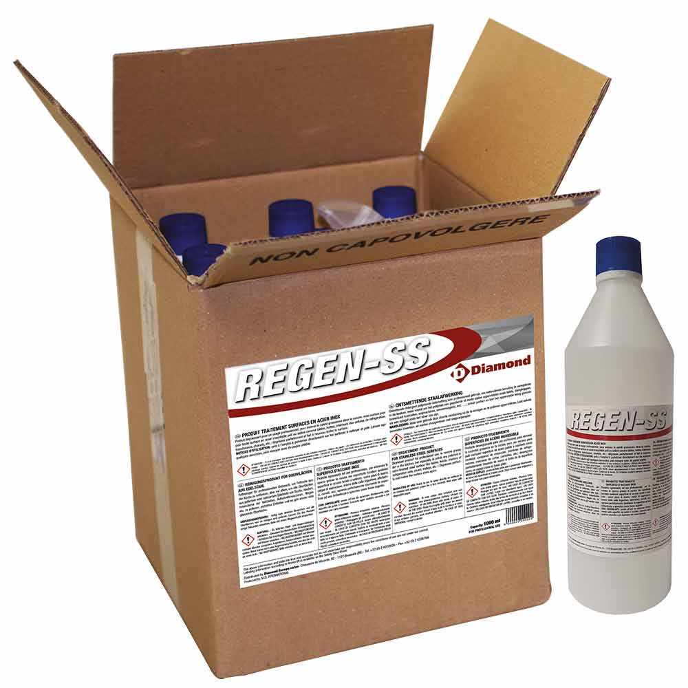 Behandelmiddel voor rvs-oppervlakken en ontvetter, 9 flessen x 1 kg, Diamond REGEN-SS