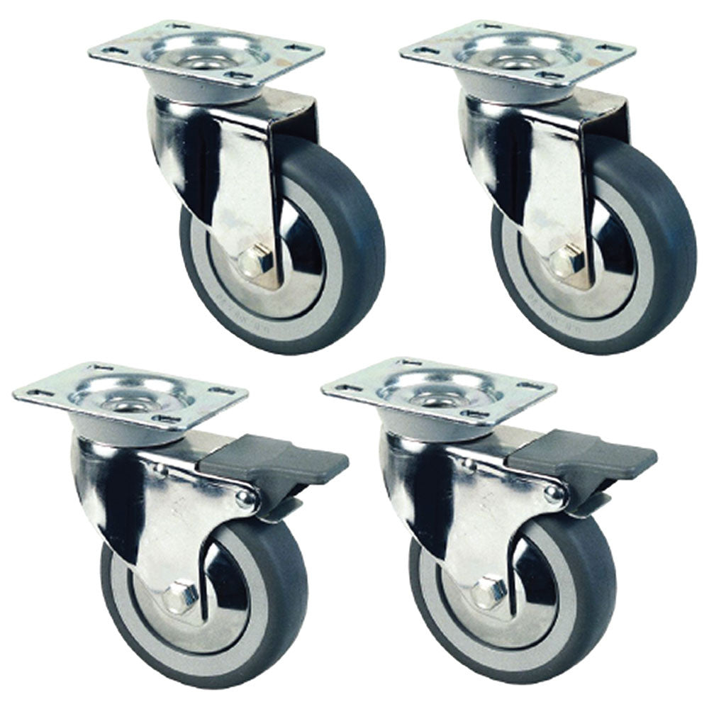Set van 4 verchroomde wielen Ø 10 cm voor werktafels op een kast, 2 met rem, Diamond RS10V4-SA2