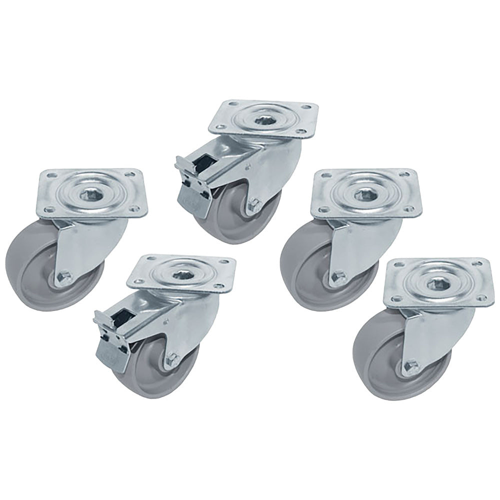 Set van 5 rvs zwenkwielen, 2 met rem, voor koelonderbouwen N65 en N77, Diamond RTG6-2R