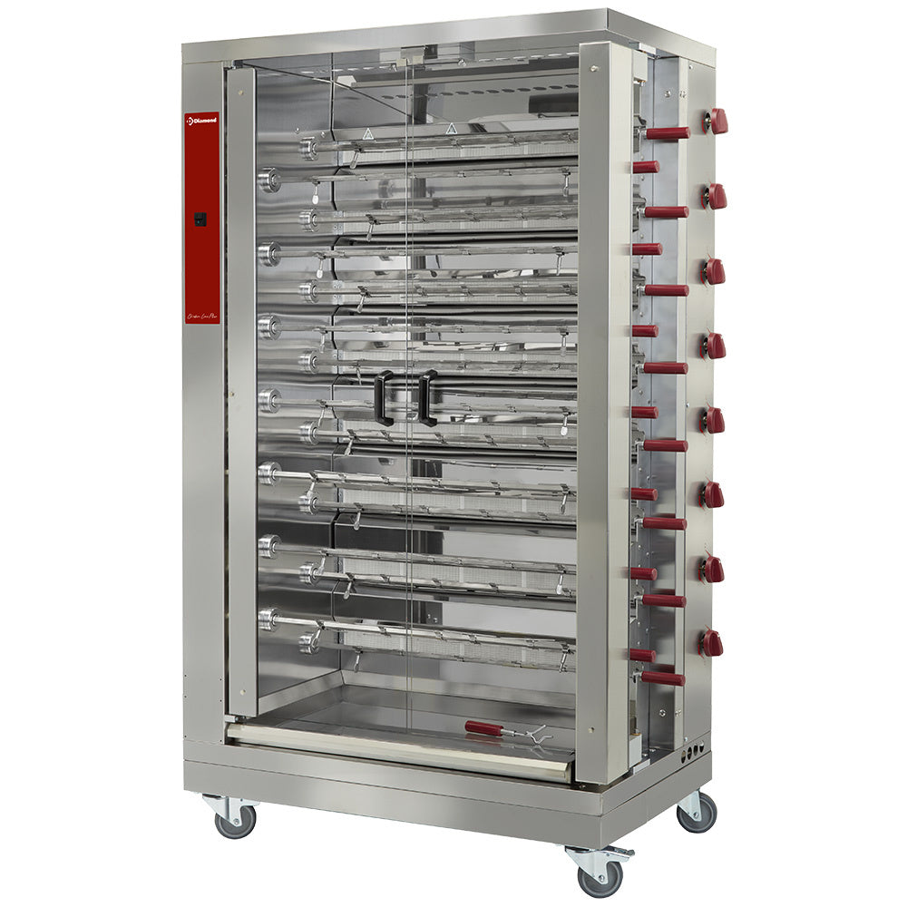 Kippengrill op gas, 15 spitten (90 kippen), dubbele spitrij, op wielen, Diamond RVG/152-CM
