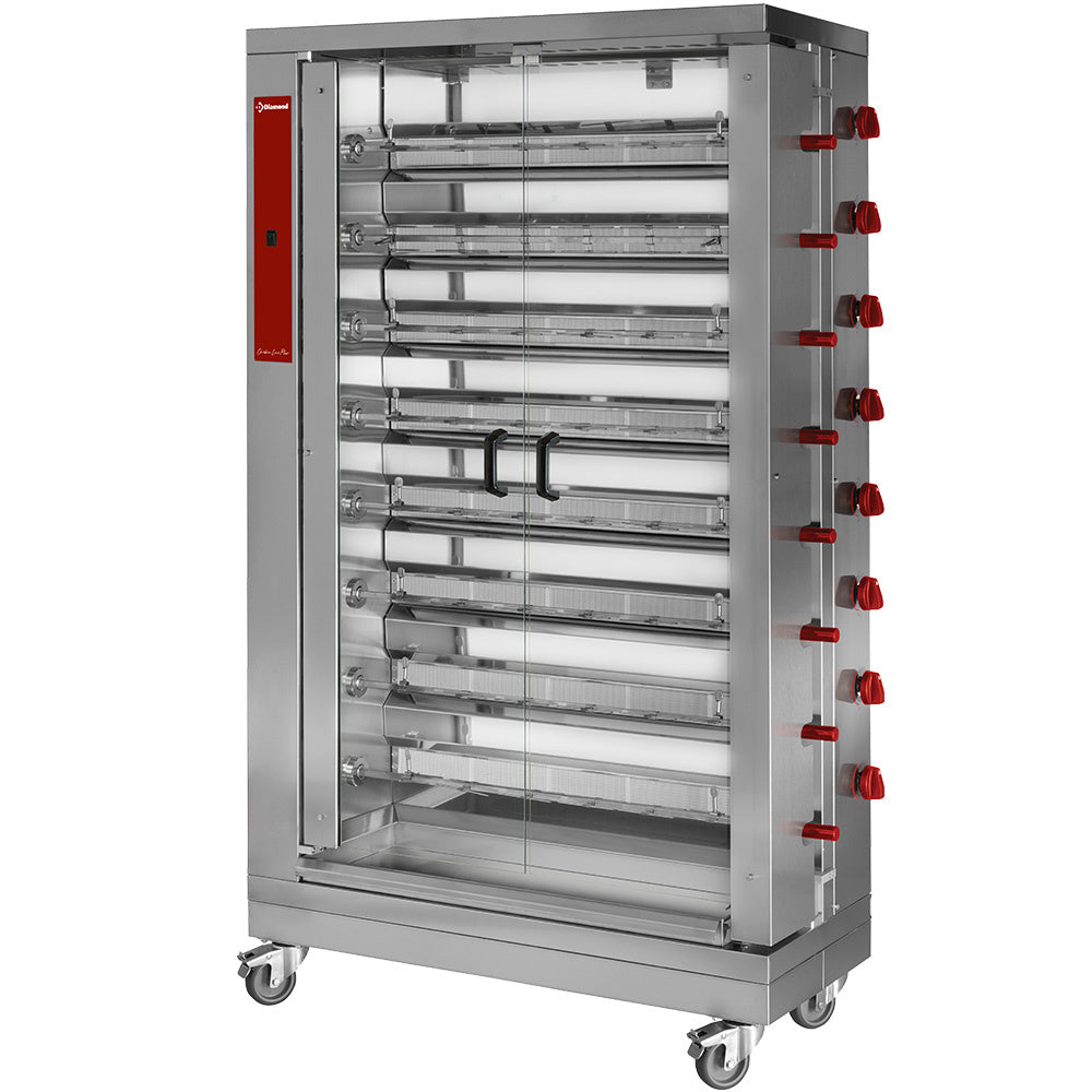 Kippengrill op gas, 8 spitten (48 kippen), op wielen, Diamond RVG/8-CM