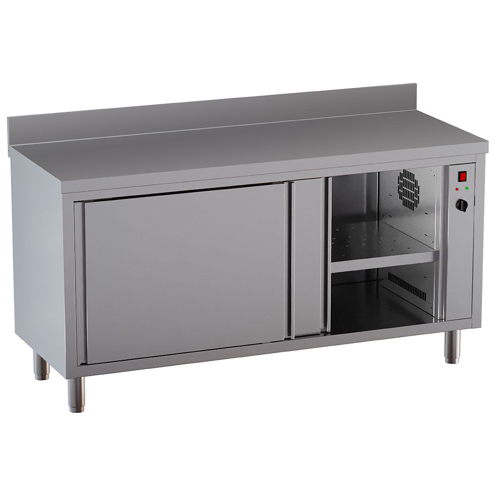 Verwarmde werkkast met schuifdeuren en opstaande achterrand, 120 x 60 cm, rvs, tot 75 °C, Diamond TE126D-SA5