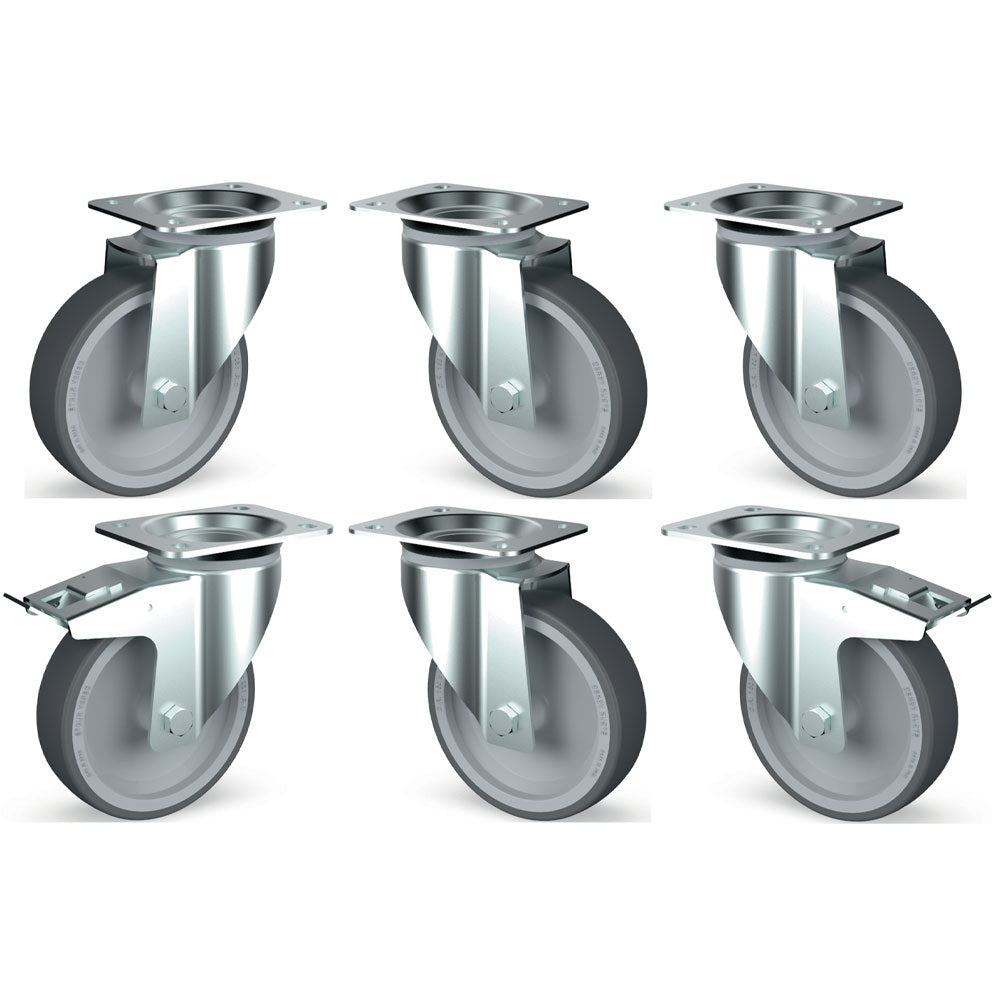 Set van 6 rvs zwenkwielen, 2 met rem, voor koelwerkbanken TG, Diamond TIK6-L