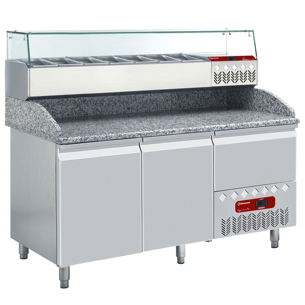 Pizzawerkbank, 2 deuren EN 600x400, 1 neutrale lade, granieten werkblad, met koelopbouw, set, Diamond TP23/P9_SX160G/PP9