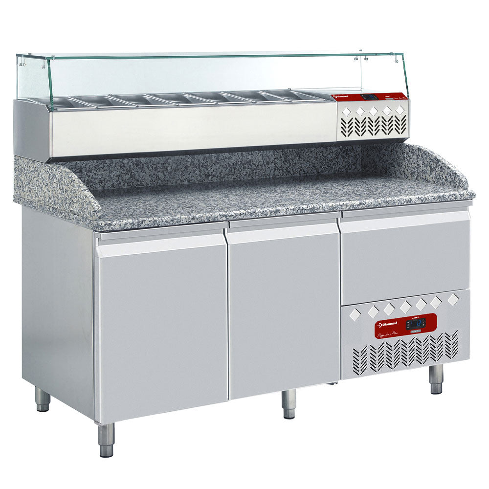 Pizzawerkbank, 2 deuren EN 600x400, 1 neutrale lade, granieten werkblad, met koelopbouw, set, Diamond TP23/P9_SY160G/PP9