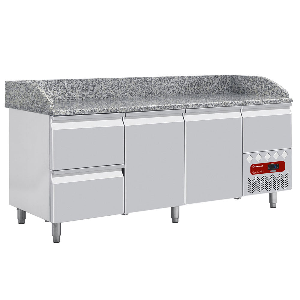 Pizzawerkbank, 2 deuren EN 600x400, 2 neutrale laden, gereedschapslade, granieten werkblad, 415 liter, Diamond TP261/P9