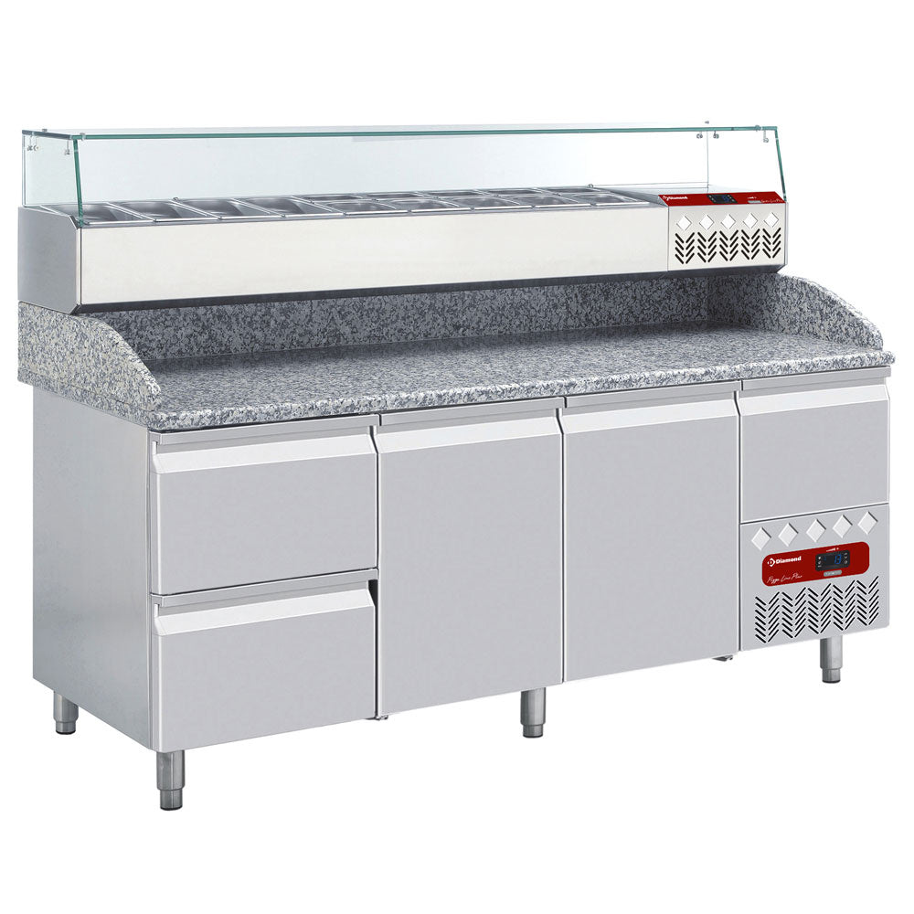 Pizzawerkbank, 2 deuren EN 600x400, 2 neutrale laden, gereedschapslade, granieten werkblad, met koelopbouw, set, Diamond TP261/P9_SX198G/PP9
