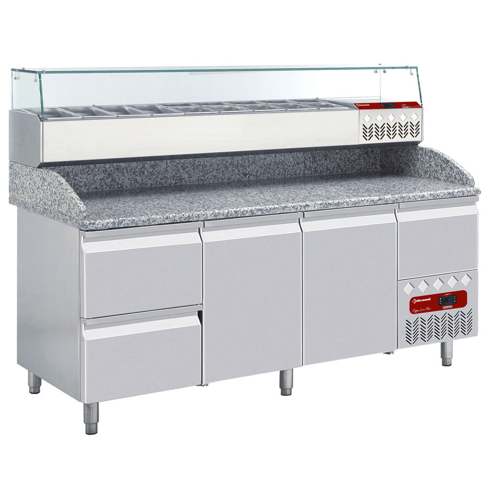 Pizzawerkbank, 2 deuren EN 600x400, 2 neutrale laden, gereedschapslade, granieten werkblad, met koelopbouw, set, Diamond TP261/P9_SY198G/PP9
