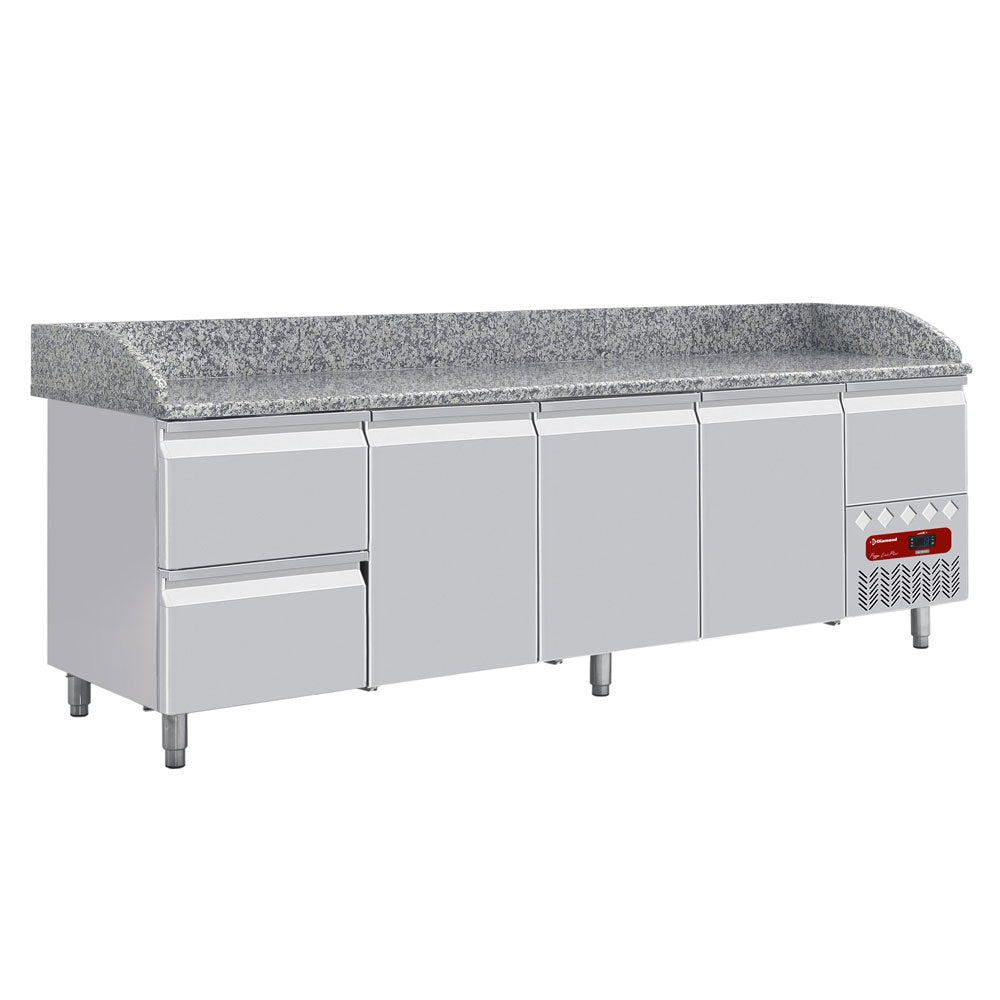 Pizzawerkbank, 3 deuren EN 600x400, 2 neutrale laden, gereedschapslade, granieten werkblad, 564 liter, Diamond TP361/P9