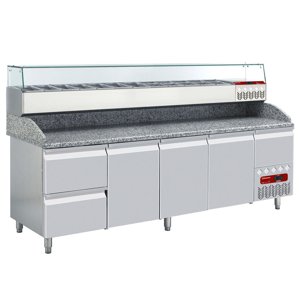 Pizzawerkbank, 3 deuren EN 600x400, 2 neutrale laden, gereedschapslade, granieten werkblad, met koelopbouw, set, Diamond TP361/P9_SX249G/PP9