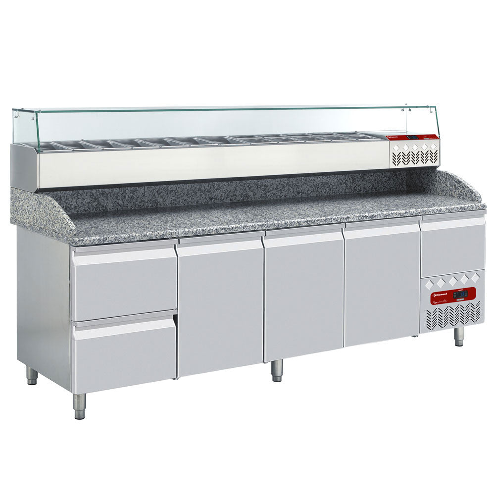Pizzawerkbank, 3 deuren EN 600x400, 2 neutrale laden, gereedschapslade, granieten werkblad, met koelopbouw, set, Diamond TP361/P9_SY249G/PP9