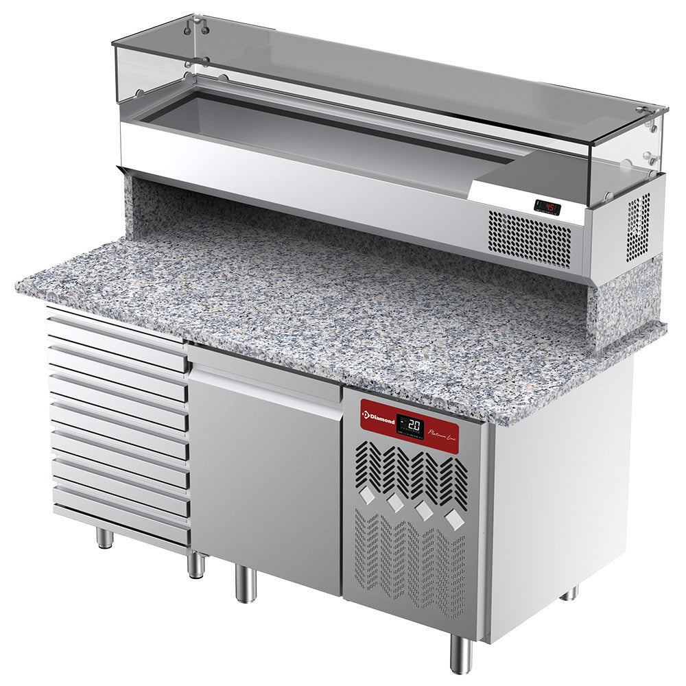 Pizzawerkbank, 1 deur EN 600x400, 7 neutrale laden, met koelopbouw 160 cm, granieten werkblad, set, Diamond TPC-165/PL2