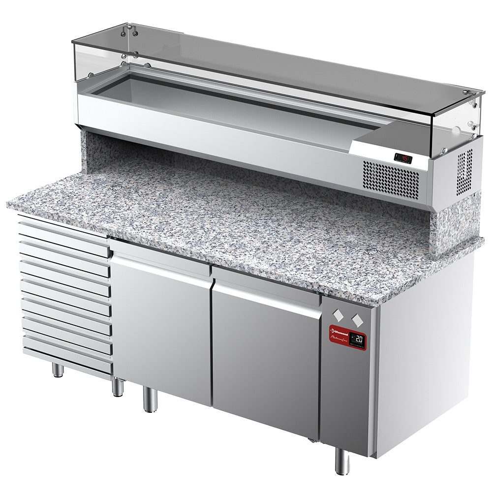 Pizzawerkbank, 2 deuren EN 600x400, 7 neutrale laden, met koelopbouw 180 cm, granieten werkblad, set, Diamond TPC-185/PL5