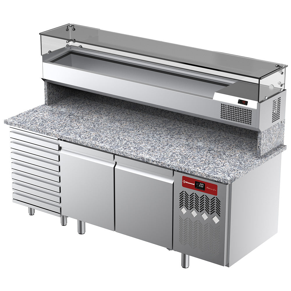 Pizzawerkbank, 2 deuren EN 600x400, 7 neutrale laden, met koelopbouw 200 cm, granieten werkblad, set, Diamond TPC-205/PL4