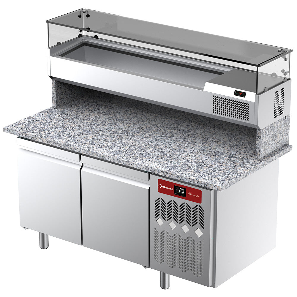 Pizzawerkbank, 2 deuren EN 600x400, met koelopbouw 160 cm, granieten werkblad, set, Diamond TPP-165/PL1