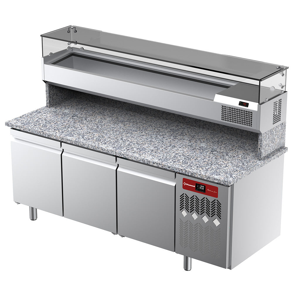 Pizzawerkbank, 3 deuren EN 600x400, met koelopbouw 200 cm, granieten werkblad, set, Diamond TPP-205/PL3