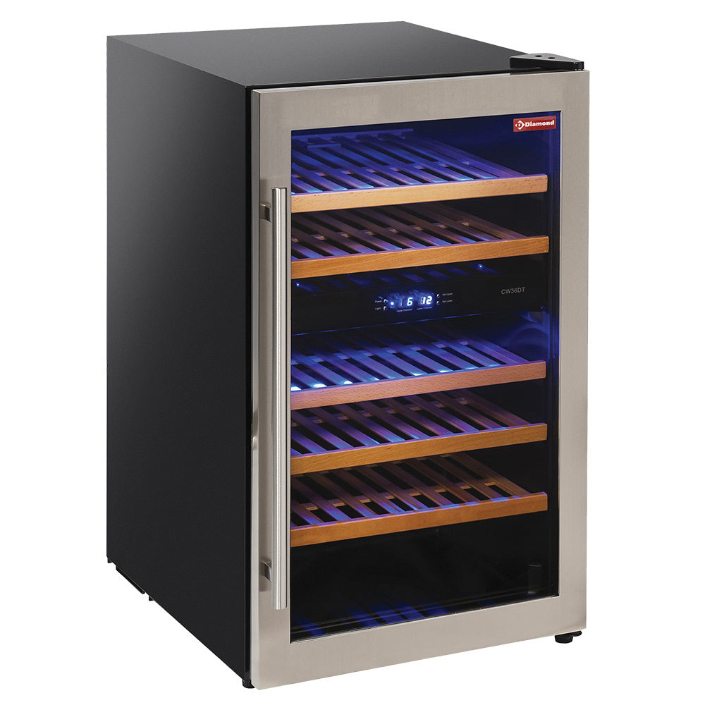 Wijnkoelkast 140 liter, geventileerd, rvs deurkader, 2 temperatuurzones, zwart, Diamond WCB/16-T2