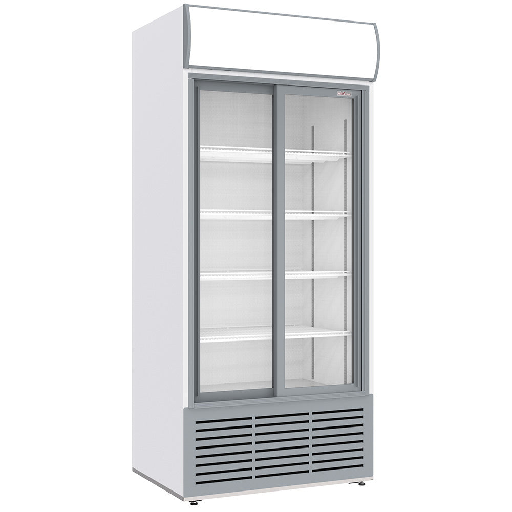Vitrinekast positieve geventileerd, 783 liter, 2 schuifdeuren, met lichtbak, WIT