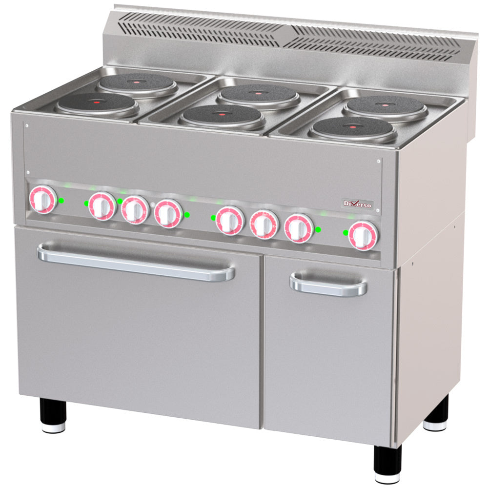 Fornuis met 6 elektrische kookplaten op conventieoven GN1/1 en neutrale kast