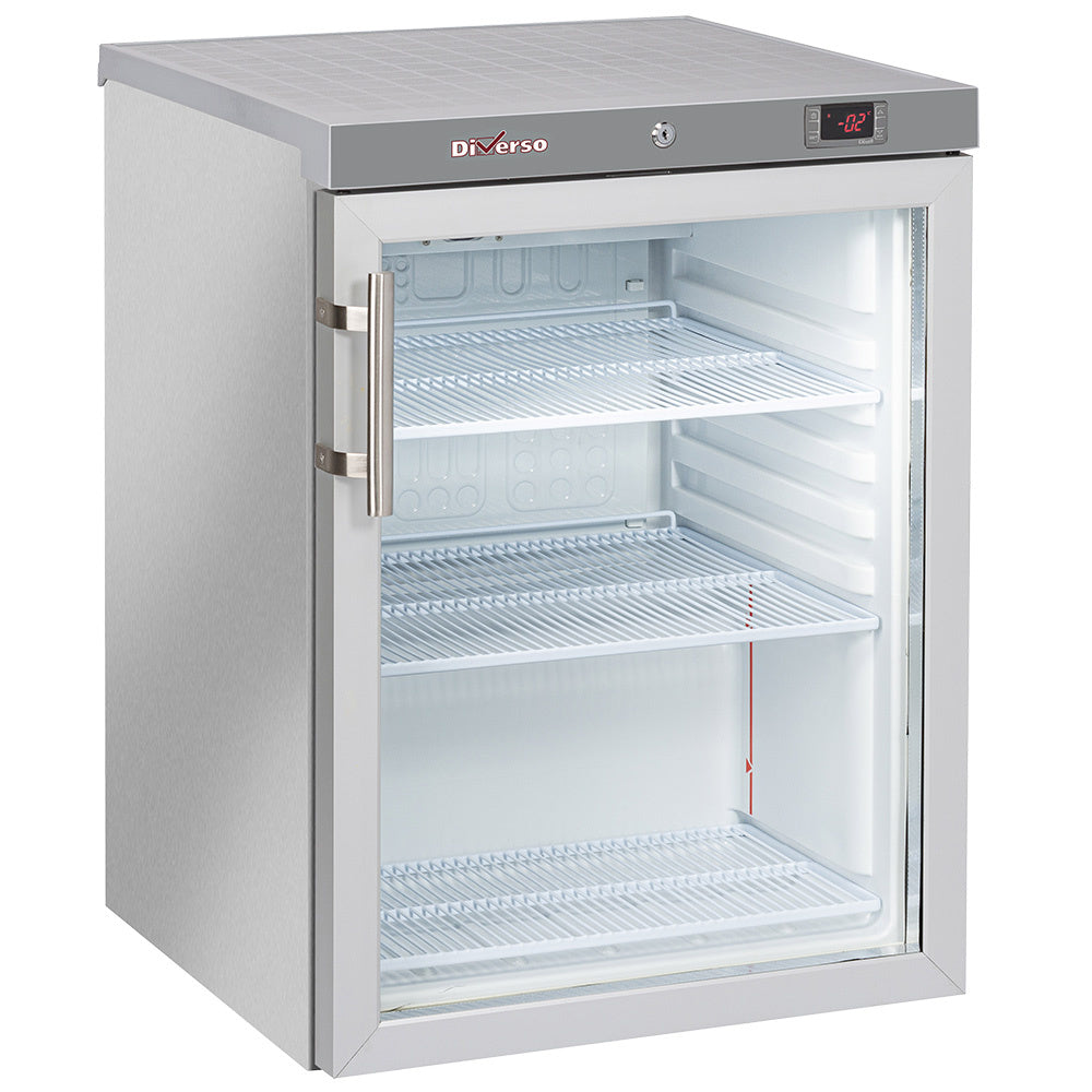 Koelkast geventileerd, glazen deur, 200 liter. R.V.S.