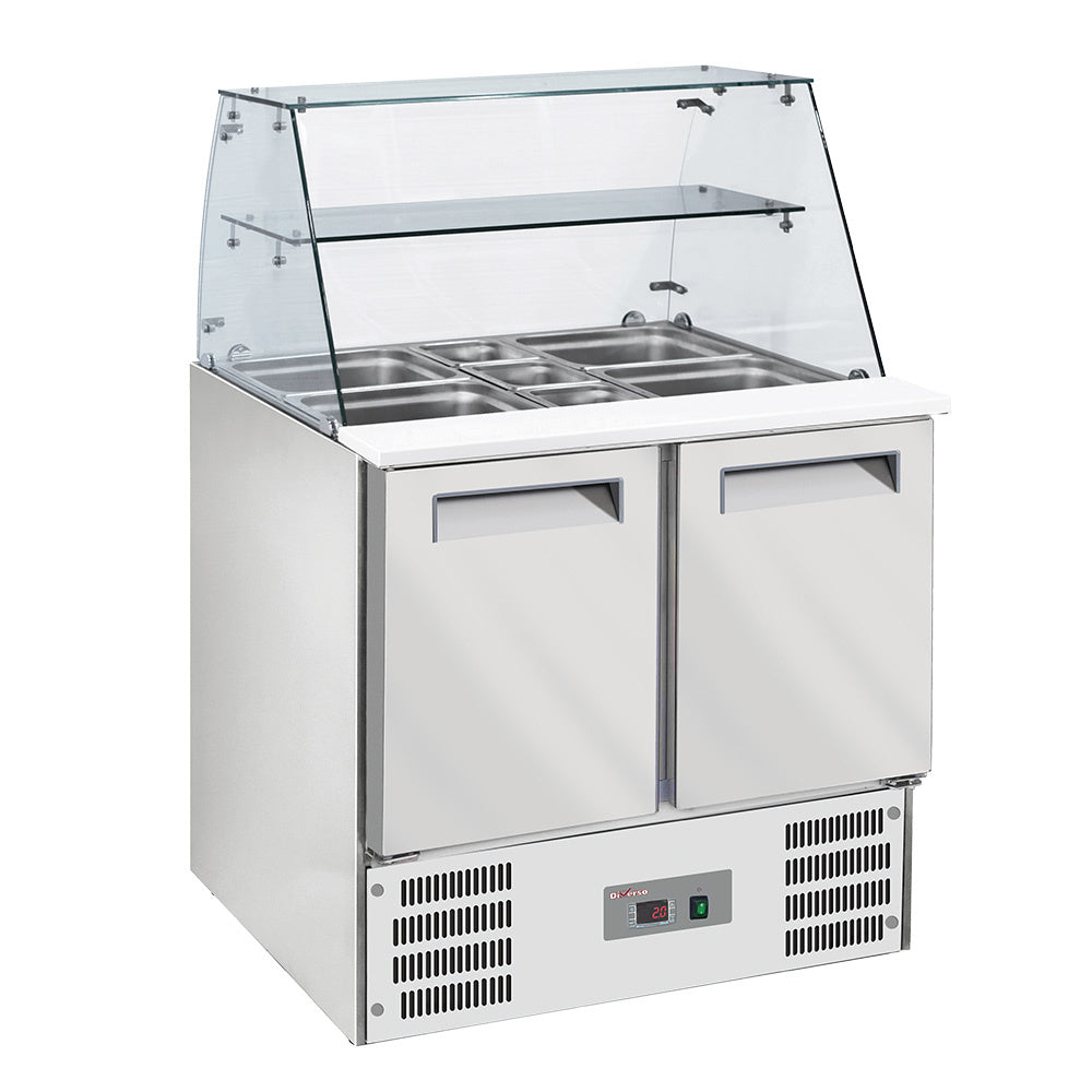 Gekoelde saladette met gebogen glas 2x GN1/1 + 3x GN 1/6-150 mm + reserve 2 deuren GN 1/1