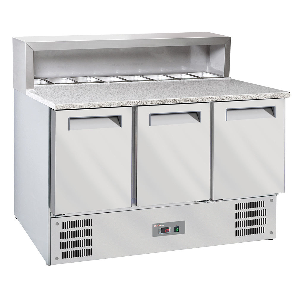 3-deurs koeltafel voor pizza's GN1/1, gekoelde structuur 8x GN1/6-150 mm
