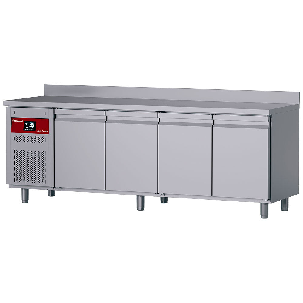Koelwerkbank, geventileerd, 4 deuren GN 1/1, wandmodel, aggregaat links, 550 liter, Diamond DT224/P9H-GD