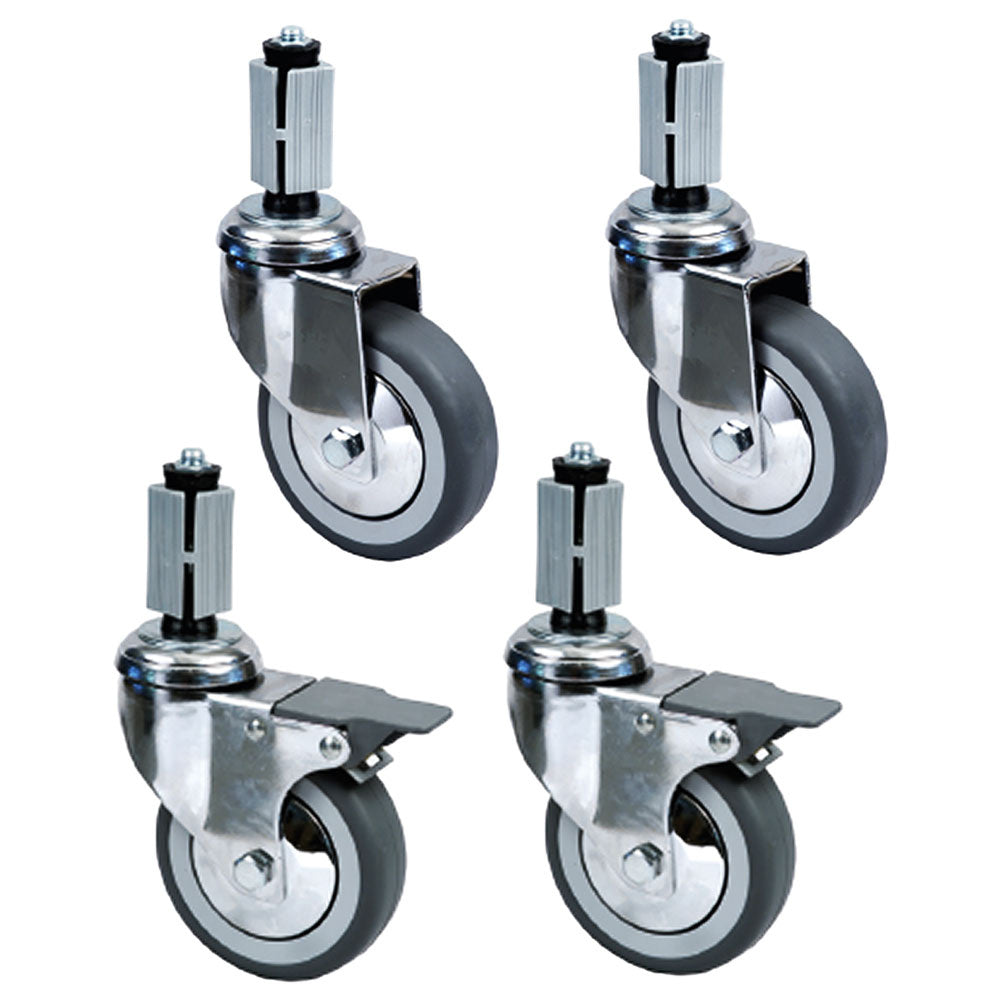 Set van 4 verchroomde wielen Ø 10 cm voor werktafels, 2 met rem, Diamond RS10S4-SA1
