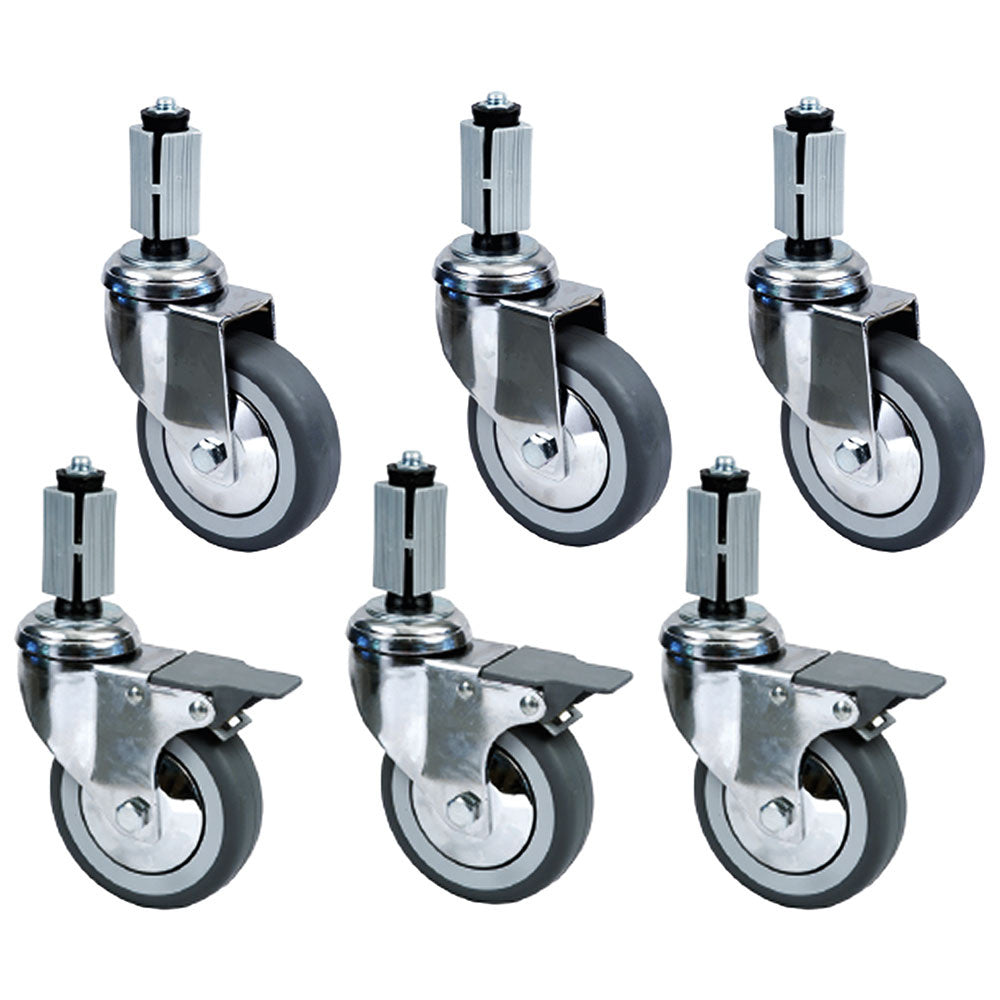 Set van 6 verchroomde wielen Ø 10 cm voor werktafels, 3 met rem, Diamond RS10S6-SA1