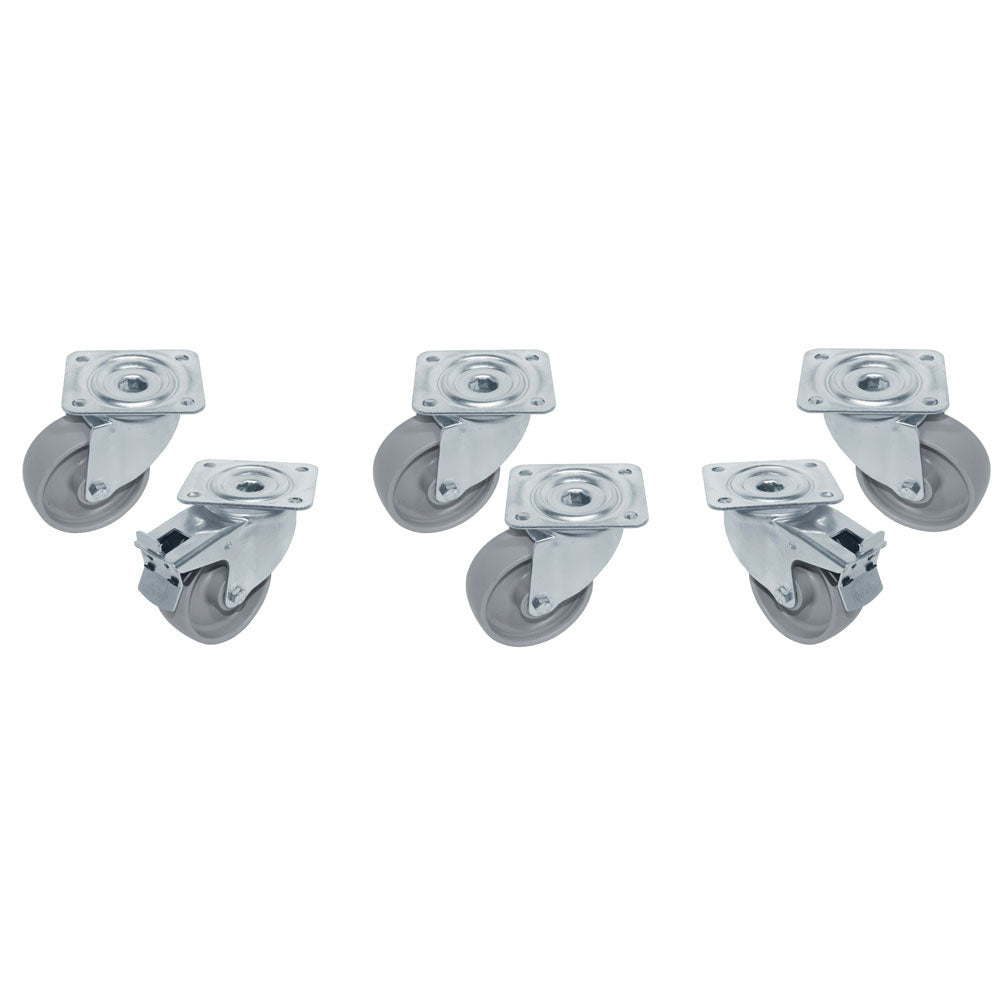 Set van 6 rvs zwenkwielen, 2 met rem, voor koelwerkbanken DT P9H, Diamond RTG6-P9H