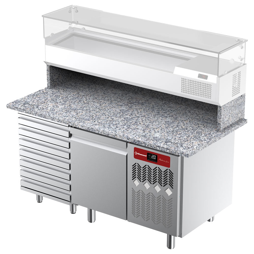 Pizzawerkbank, 1 deur EN 600x400, 7 neutrale laden, granieten werkblad, 130 liter, Diamond TPC-165/M2