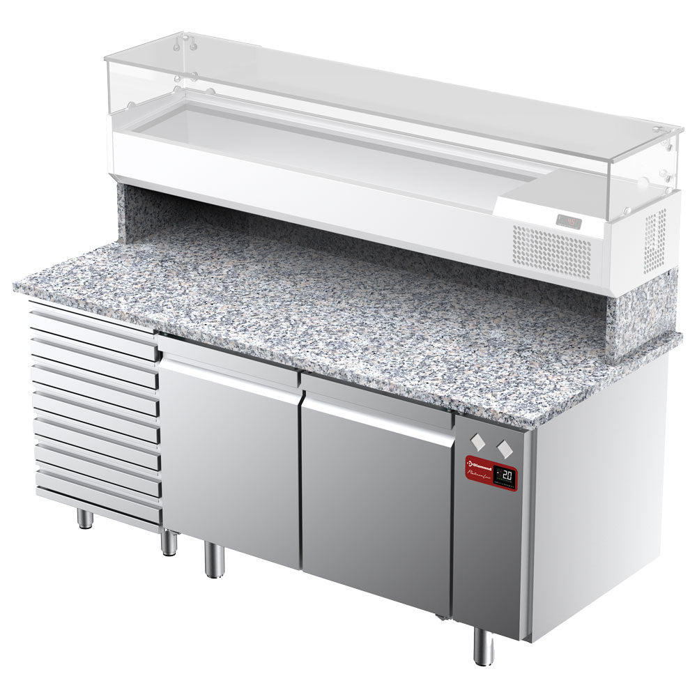 Pizzawerkbank, 2 deuren EN 600x400, 7 neutrale laden, granieten werkblad, zonder koelaggregaat, 293 liter, Diamond TPC-185/M5