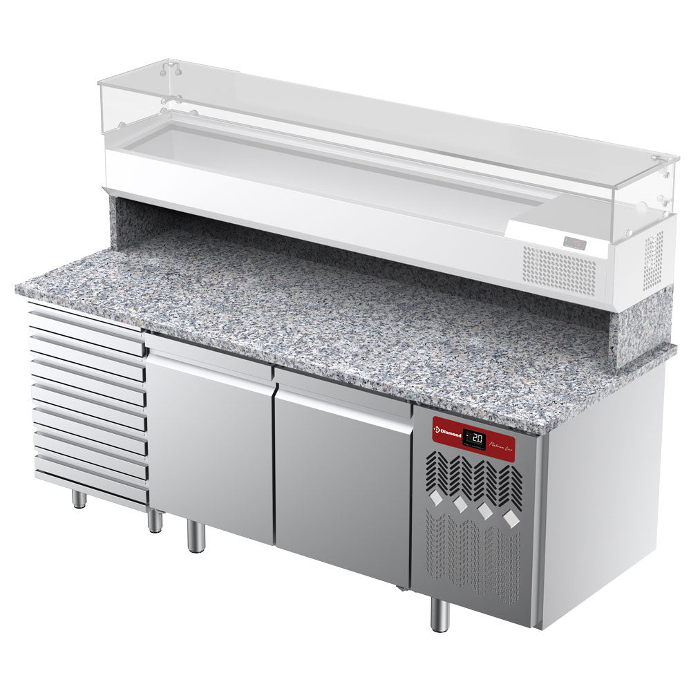 Pizzawerkbank, 2 deuren EN 600x400, 7 neutrale laden, granieten werkblad, 293 liter, Diamond TPC-205/M4