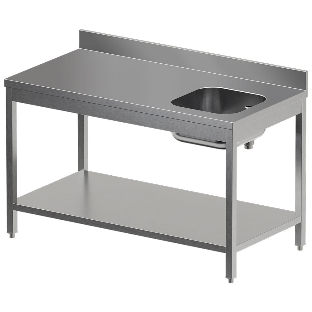 Werktafel met spoelbak rechts, onderblad en opstaande achterrand, 140 x 70 cm, rvs, Diamond TV1471DD-ST8