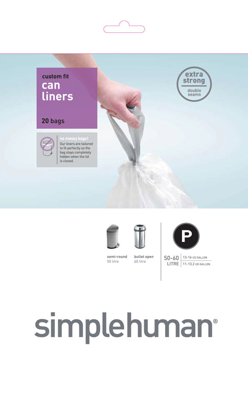 Simplehuman afvalzakken 50-60 liter code P, 20 stuks wit