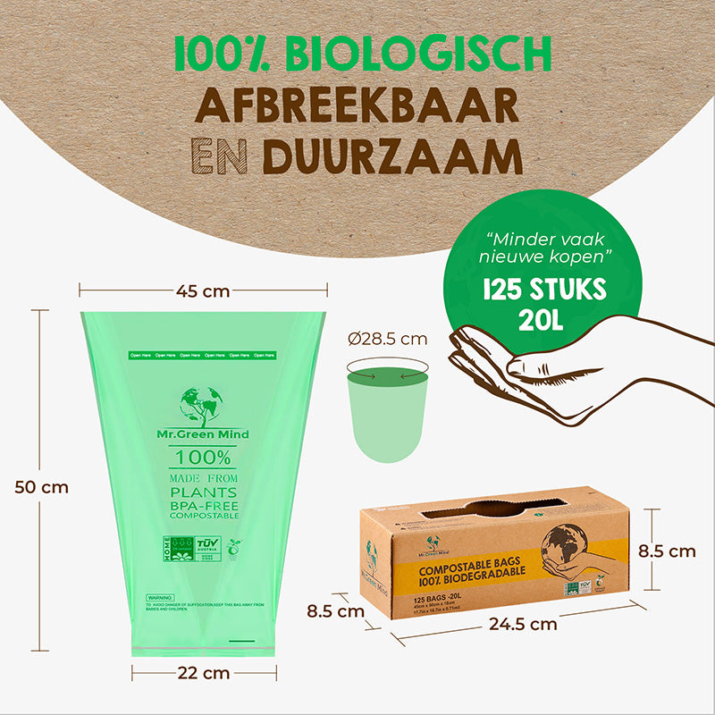 Mr. Green Mind biozakken 20 liter groen, 1 x 125 stuks