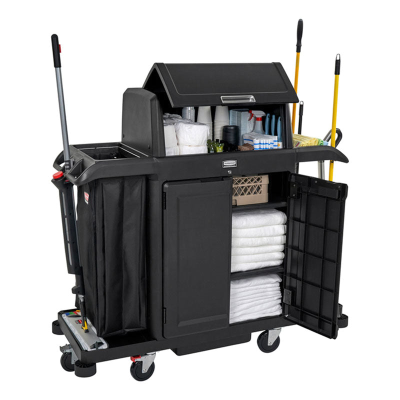 Rubbermaid grote housekeeping-wagen met kap en deuren zwart