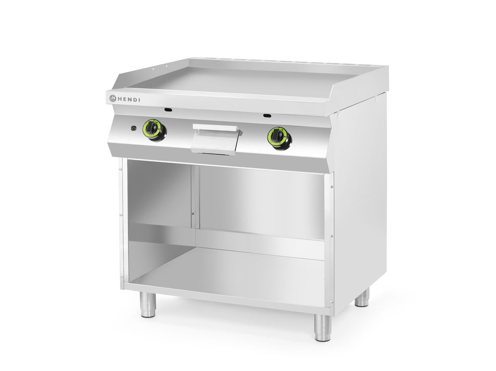 Gladde gasgrillplaat gemonteerd op een onderkast, gesloten aan drie zijden