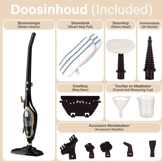 AG Stoomreiniger – 10-in-1 Steam Cleaner – Handstomer – Kledingstomer – Handstoomreiniger – Dieptereiniging voor Vloeren, Badkamer, Tegels, Ramen & Textiel – Vlekkenreiniger – 1500W – 115°C – Inclusief 13 Accessoires – Black Gold Edition