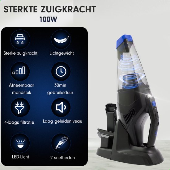 AG315 Handstofzuiger Zwart- Kruimeldief - Stil - Snoerloos - Extreem Krachtige Kruimelzuiger Draadloos - 100W Krachtige Zuigkracht - Led Verlichting - Voor Thuis & Auto - Opzetstukken en Extra HEPA filter - Compact - Geschikt voor Huisdierharen