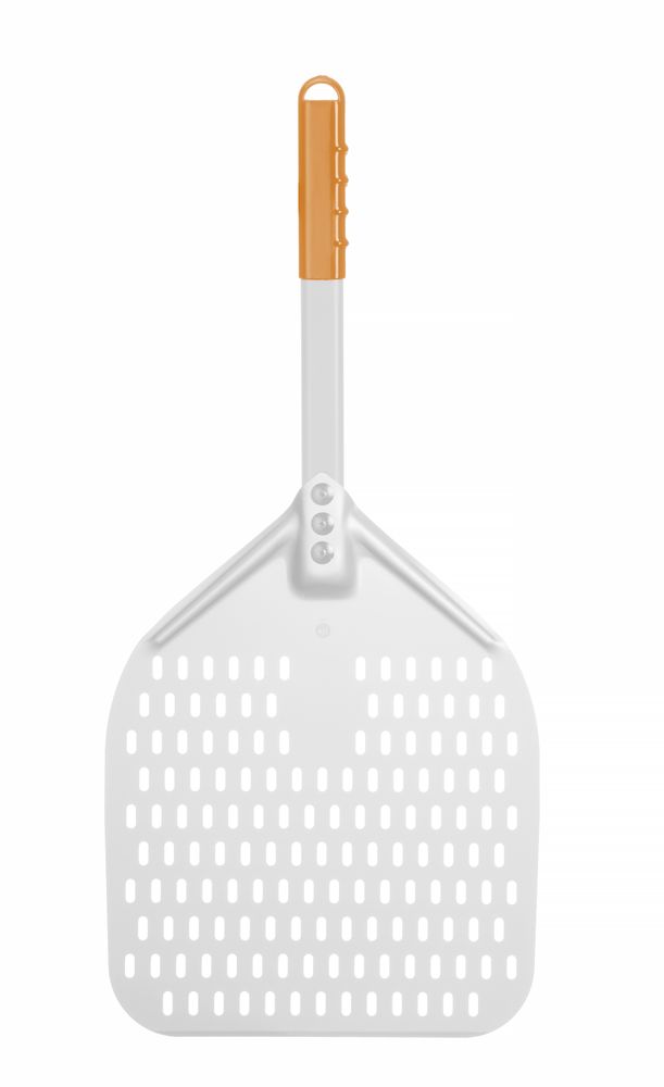 Pizzaschep vierkant geperforeerd met korte handgreep