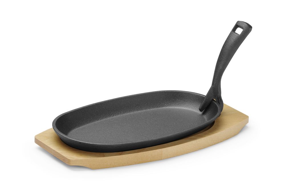 Cast iron bowl with wooden base and handle