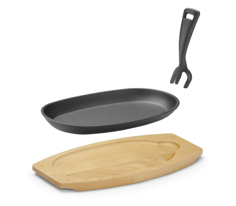 Cast iron bowl with wooden base and handle