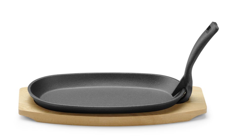 Cast iron bowl with wooden base and handle