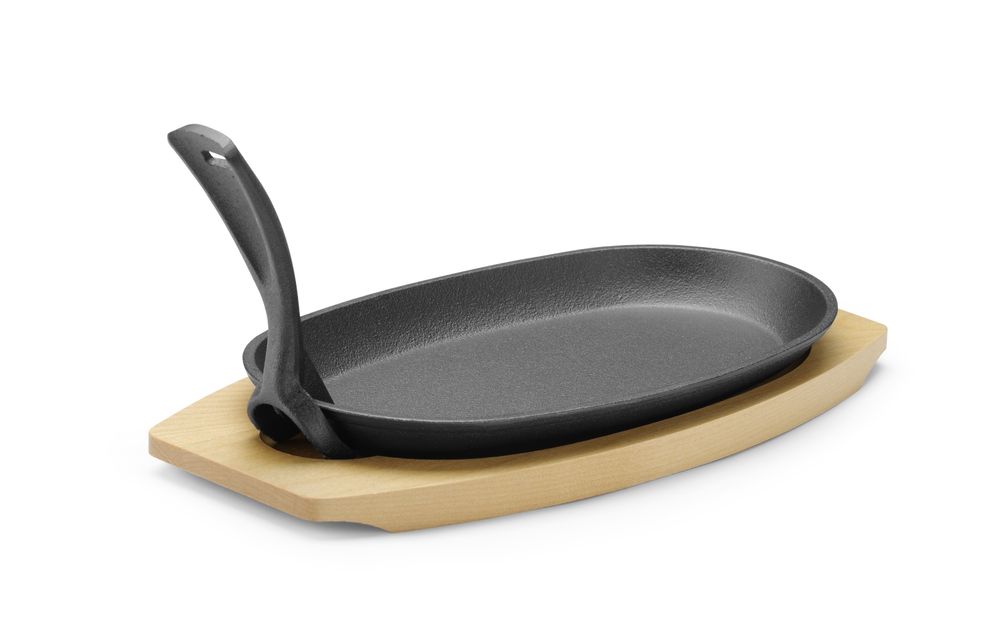 Cast iron bowl with wooden base and handle