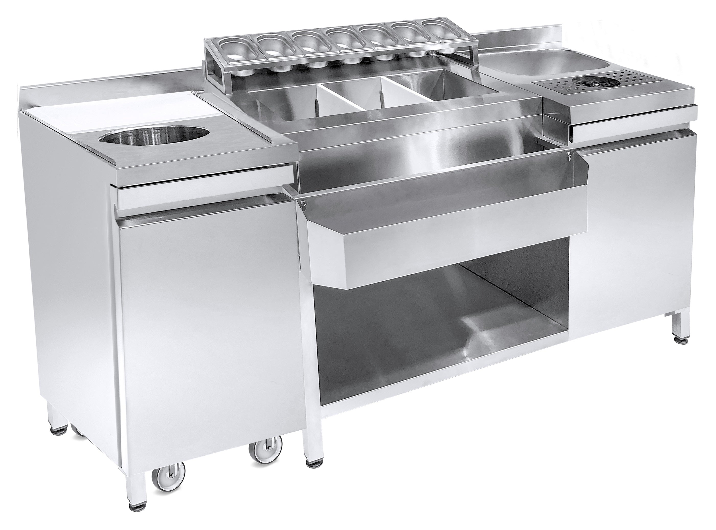 COCKTAIL BAR STATION   INCL. SPOELBAK, GLAZENSPOELER, GN-BAKKEN, SPEEDRAIL VOOR FLESSEN, SNIJPLANK EN AFVALBAK