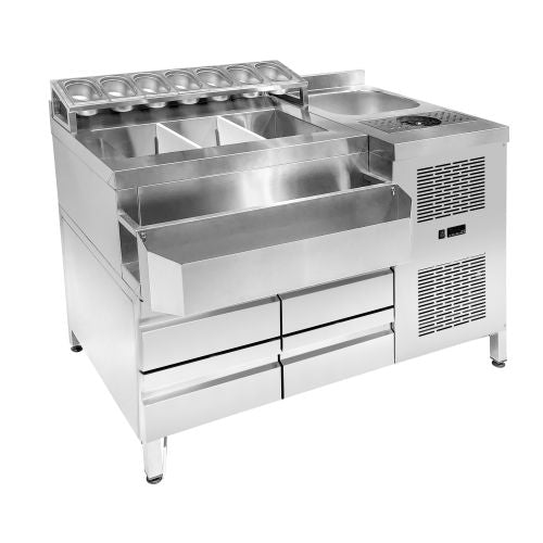 GEKOELDE COCKTAIL BAR STATION   INCL. SPOELBAK, GLAZENSPOELER, GN-BAKKEN EN SPEEDRAIL VOOR FLESSEN