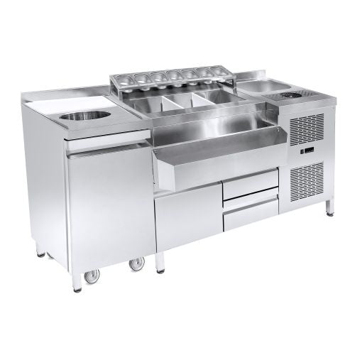 GEKOELDE COCKTAIL BAR STATION   INCL. SPOELBAK, GLAZENSPOELER, GN-BAKKEN, SPEEDRAIL VOOR FLESSEN, SNIJPLANK EN AFVALBAK