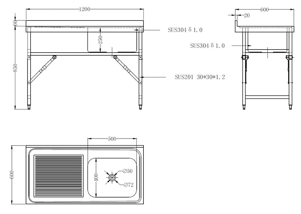 600 FOLDING SINK TABLE 1200 1R