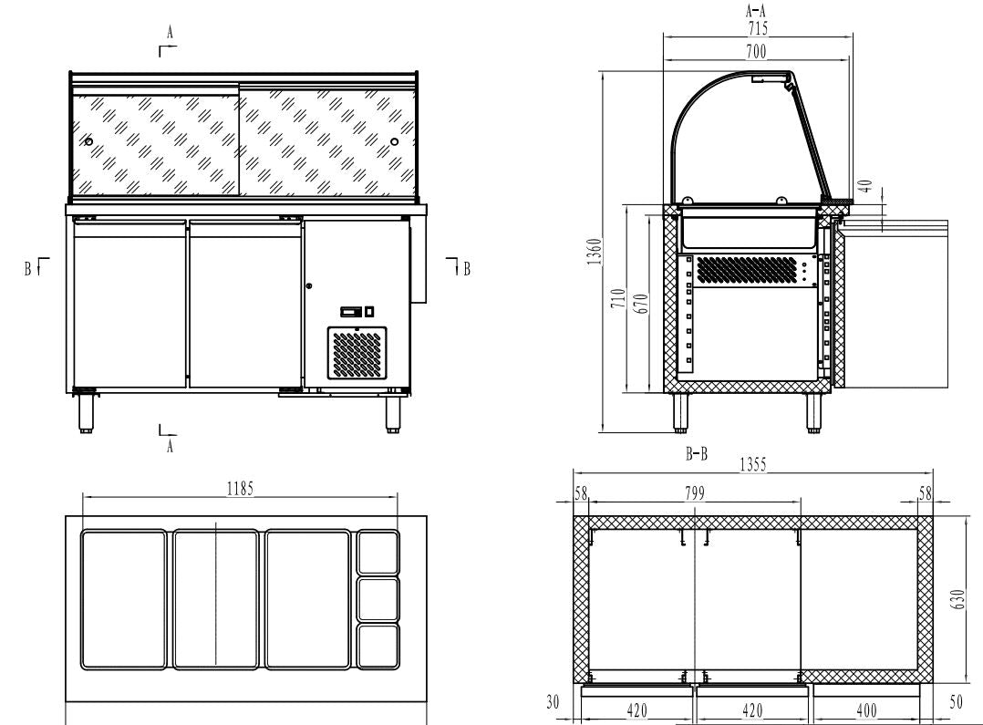 700 KOELWERKBANK GLAS RECHT 2 DEUREN  3X 1/1 + 3X 1/6 GN PAN